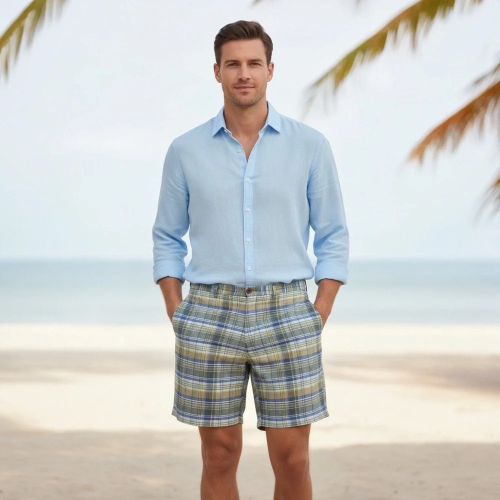 Tommy Bahama Men Blue Brown Plaid Linen Blend Casual Golf Summer Beach‎ Sz 42
